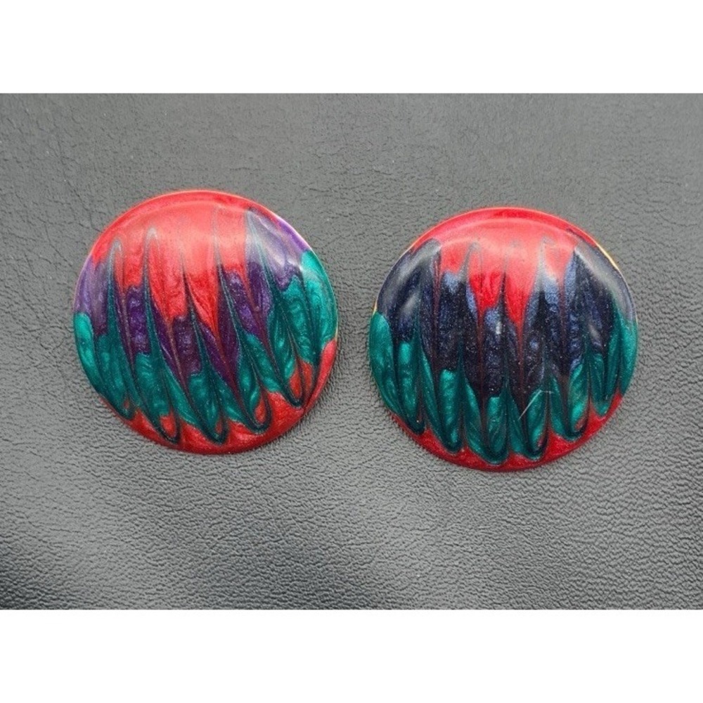 Vintage 80s Lightweight Metal & Great Colors Enamel Swirl Round Pierced Earrings